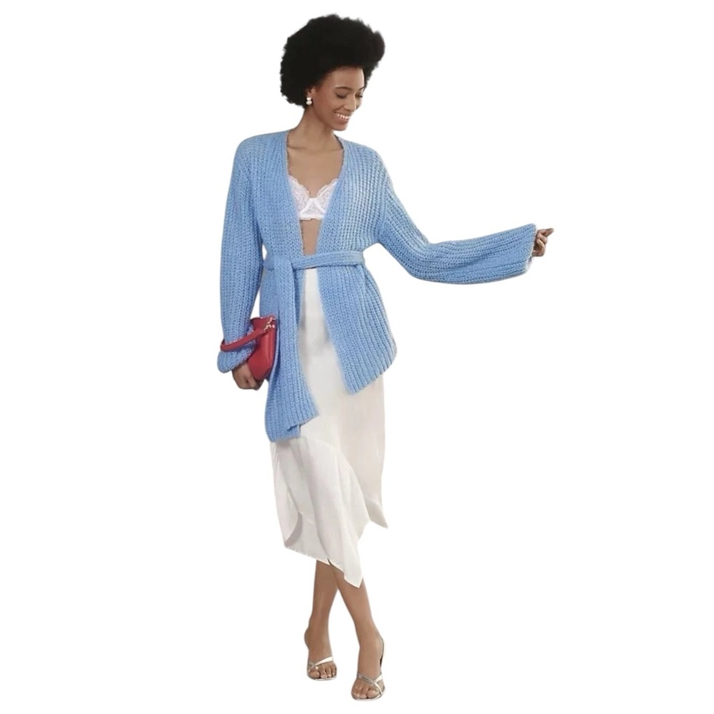 Anthropologie Self Contrast Baby Blue Chunky Knit Tie Wrap Cardigan OS NWT $120